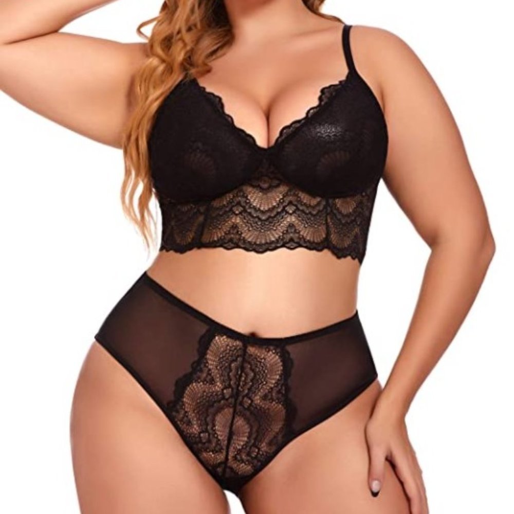 Women's Black Plus Size Lace Mesh Under Bust Bra High Waist Panty Lingerie Set